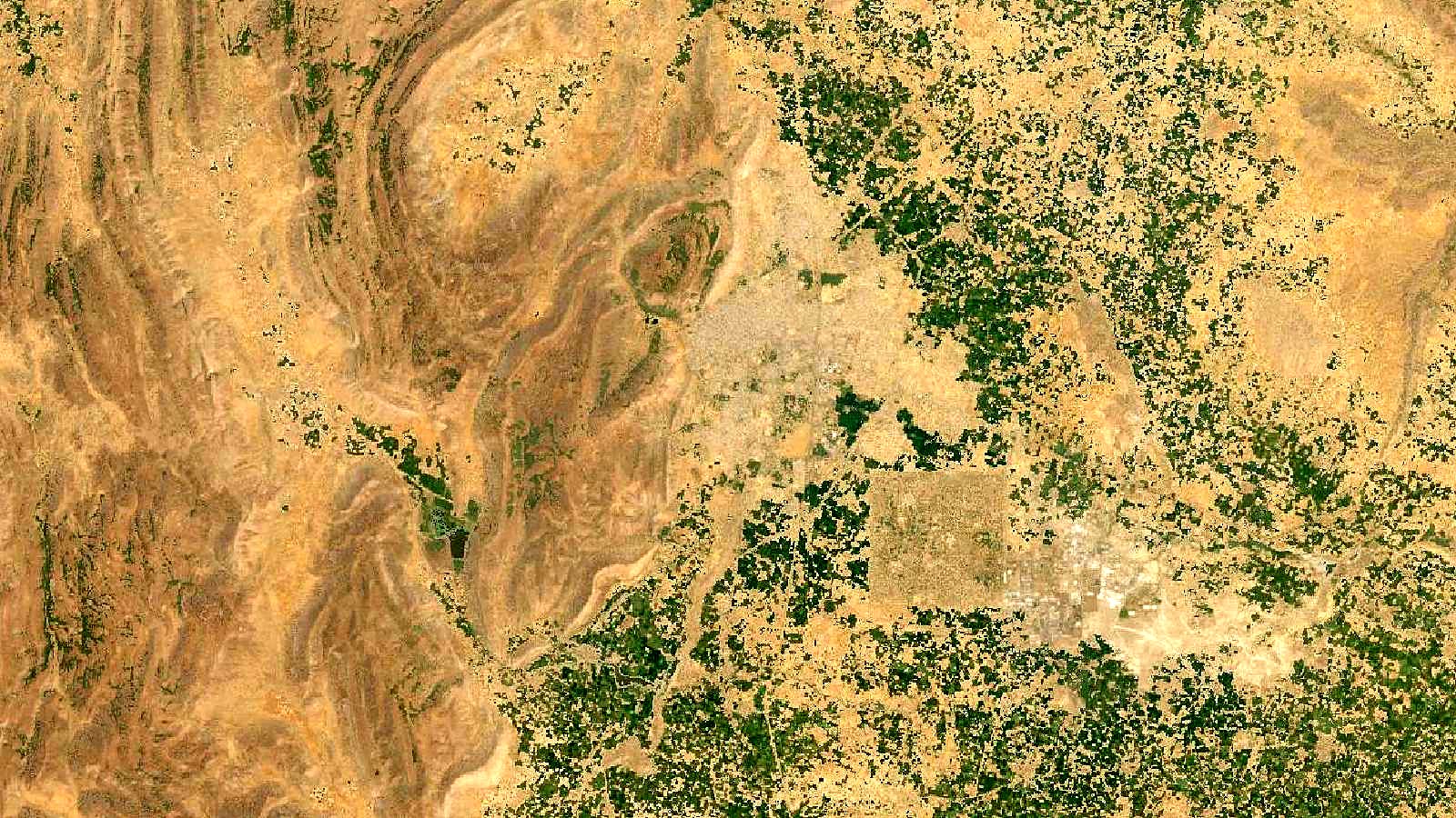 Landsat satellite view of the Aravalli hills and farmland near Alwar, Rajasthan