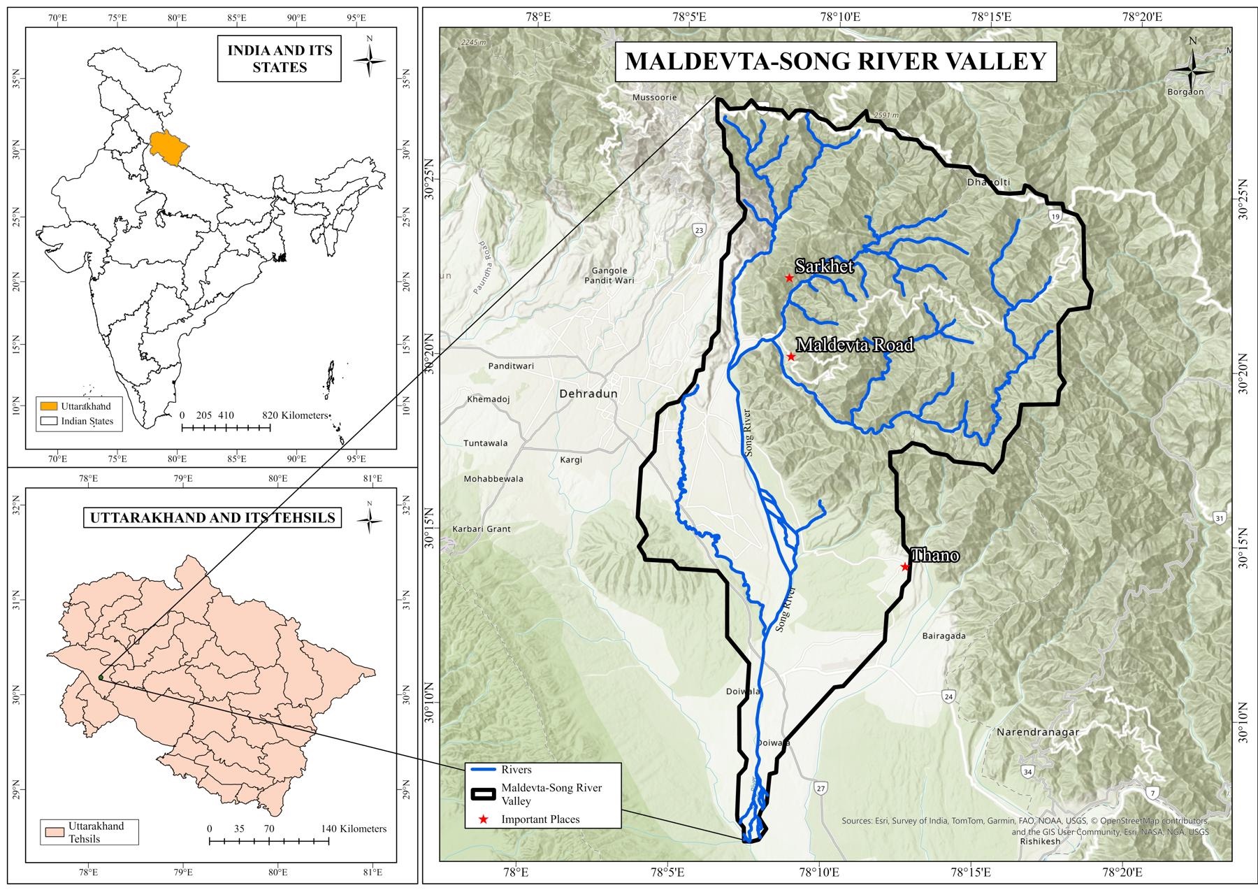 Location map of the Maldevta-Song River Valley study area in Uttarakhand with watershed boundary and rivers