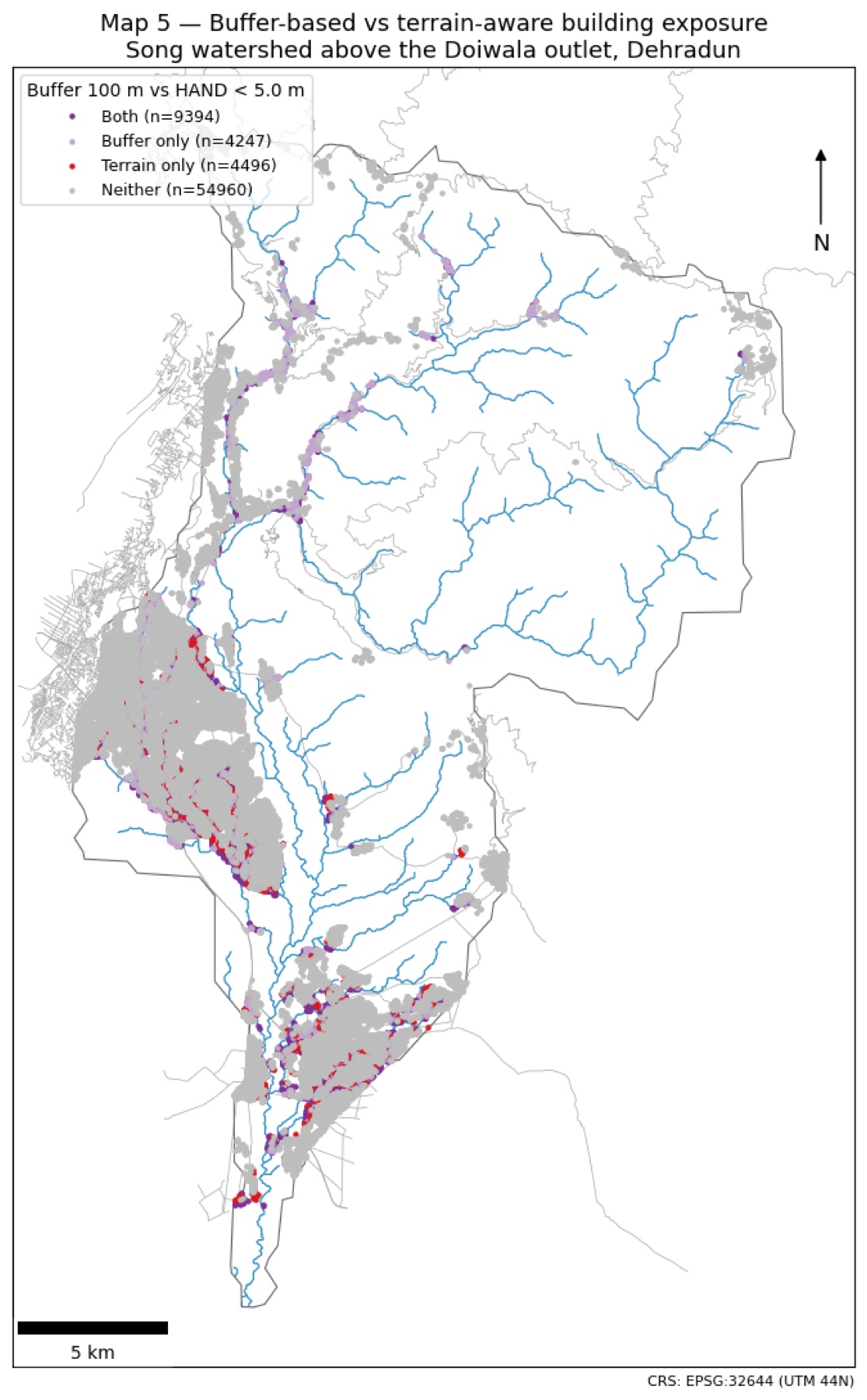 Map comparing 100 m river buffer and HAND below 5 m exposure for building centroids