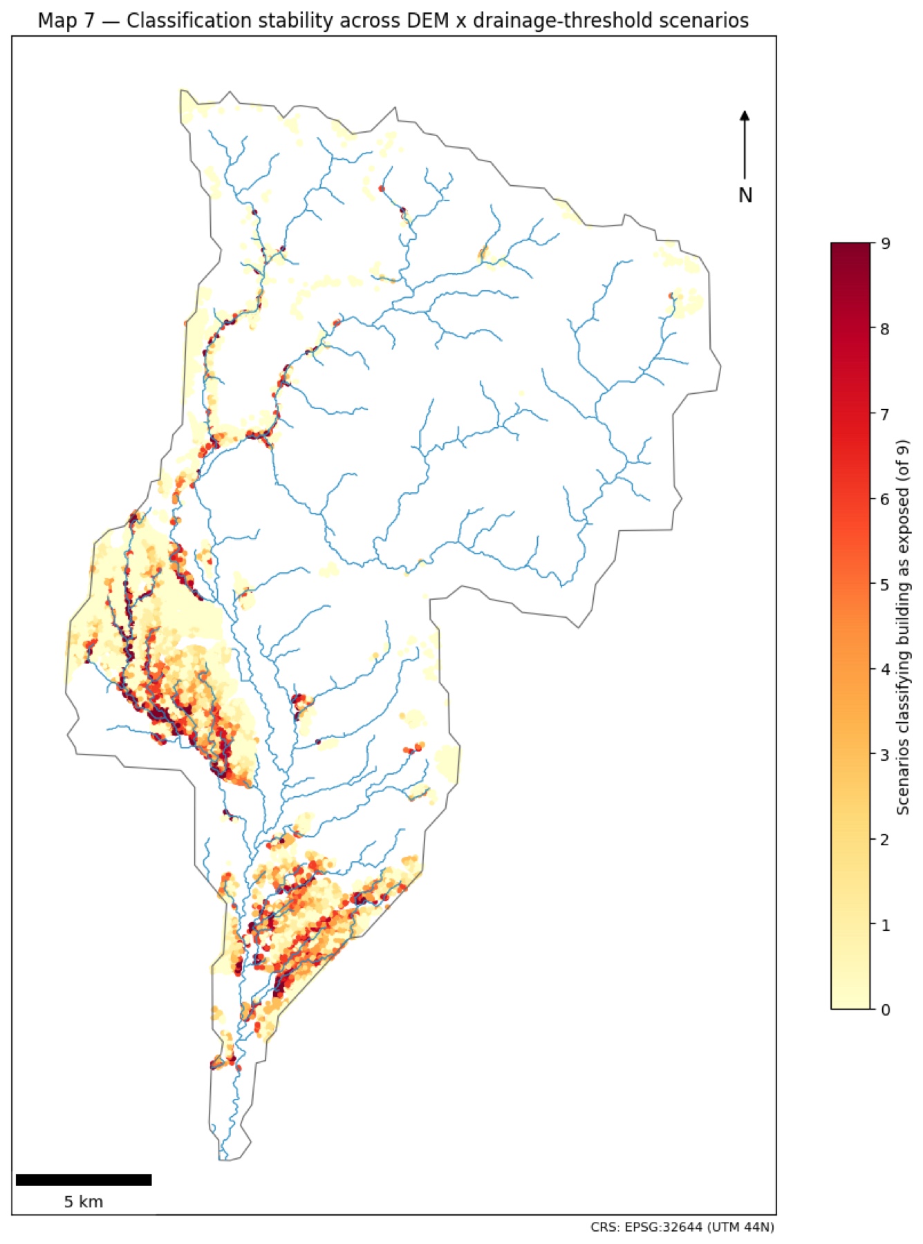 Map of how many of nine DEM and channel-threshold scenarios classify each building below 5 m HAND